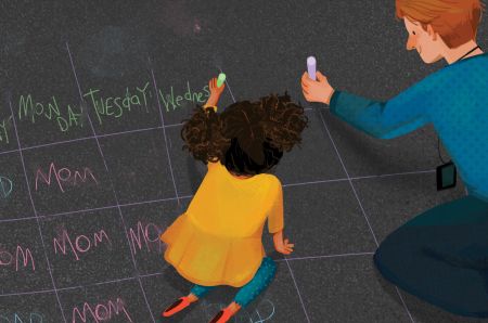 stylized artwork of a small child and parent drawing  in chalk on playground pavement a large schedule matrix